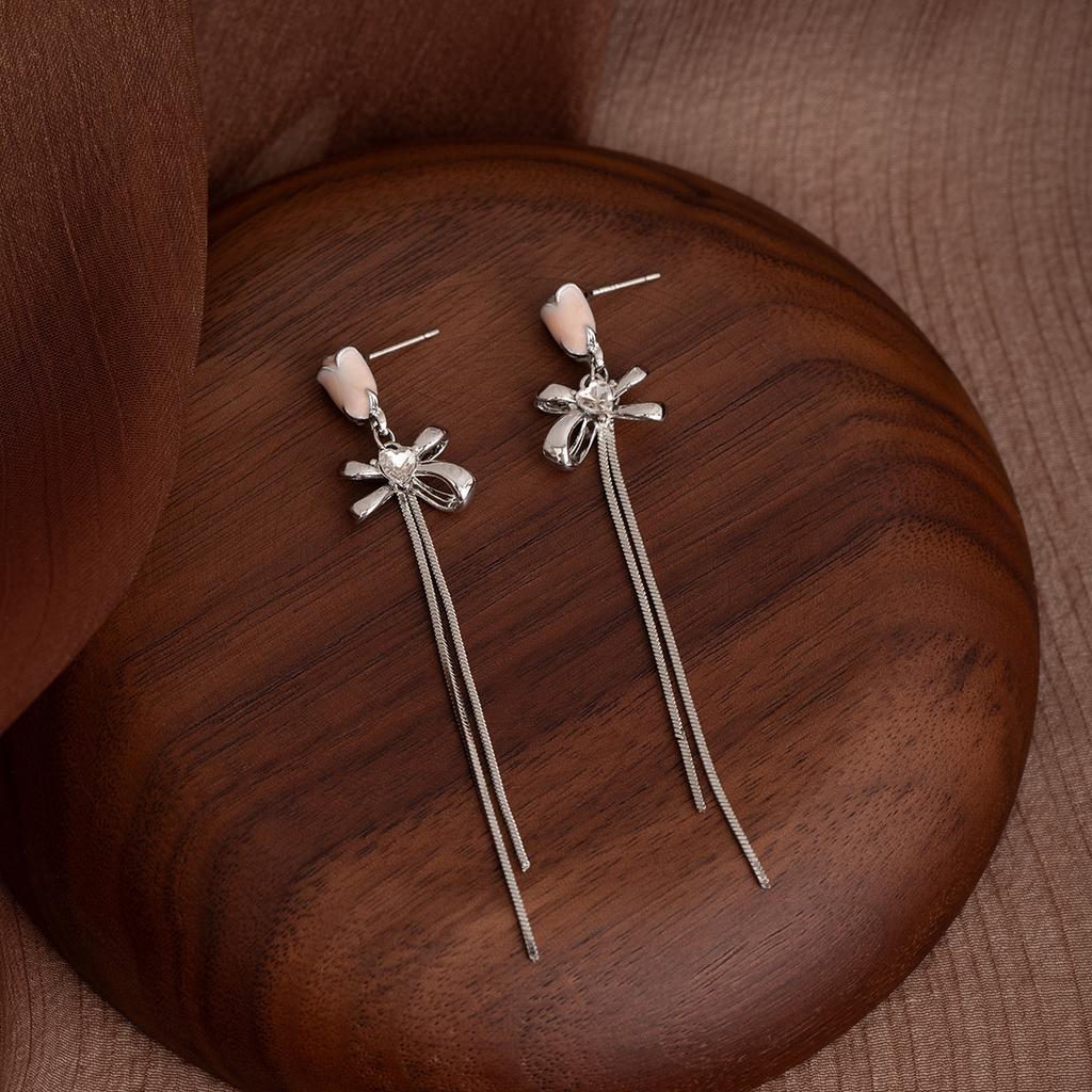 Tulip Flower Bow Long Tassel Diamond Stud Earrings Gentle Temperament Generous Earrings Sweet Earrings