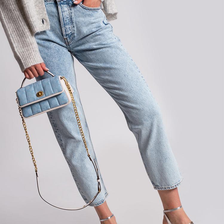 Coach Women's Signature Quilted Top Handle Handbag, Light Blue Canvas Turnlock Flap Crossbody Bag, Fashionable for Daily Commute C4690-B4SUX