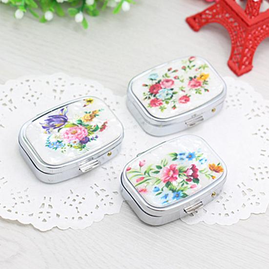 Metal Pill Box with Mirror Reusable Compact Portable Classified Store Pills Flower Print Oblong Shape Large Capacity Pill Organizer for Travel