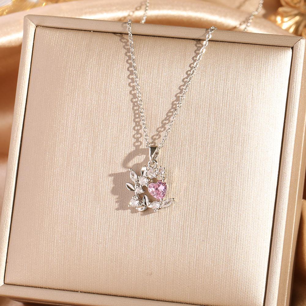 [Micro-Set Pink Zircon Titanium Steel Necklace Sweet Light Luxury Fashion Choker Jewelry]