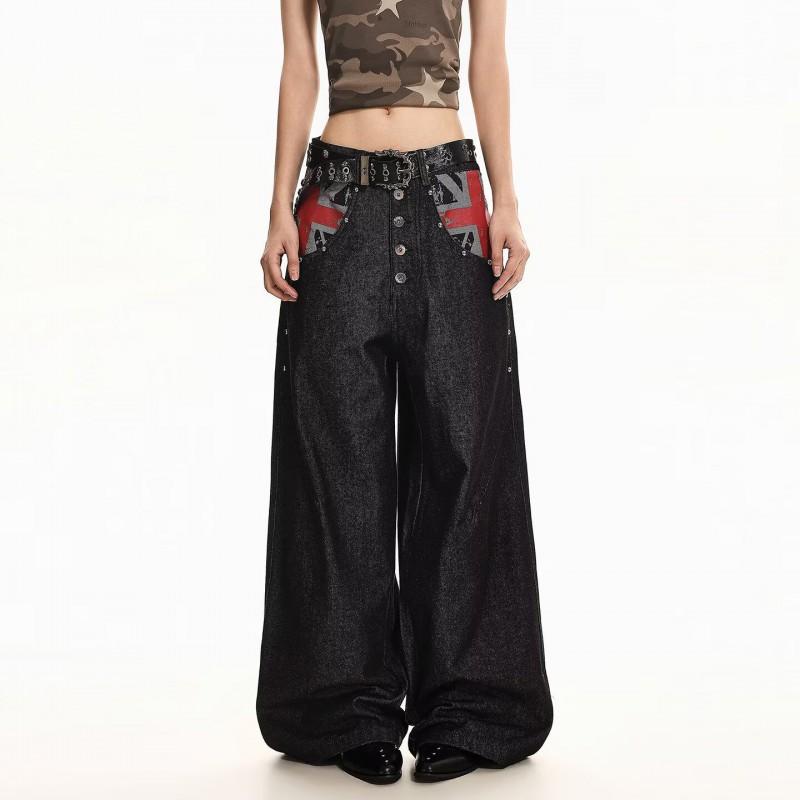 American Vintage Embroidered Wide Leg Jeans Unisex High Street Loose Straight Trousers