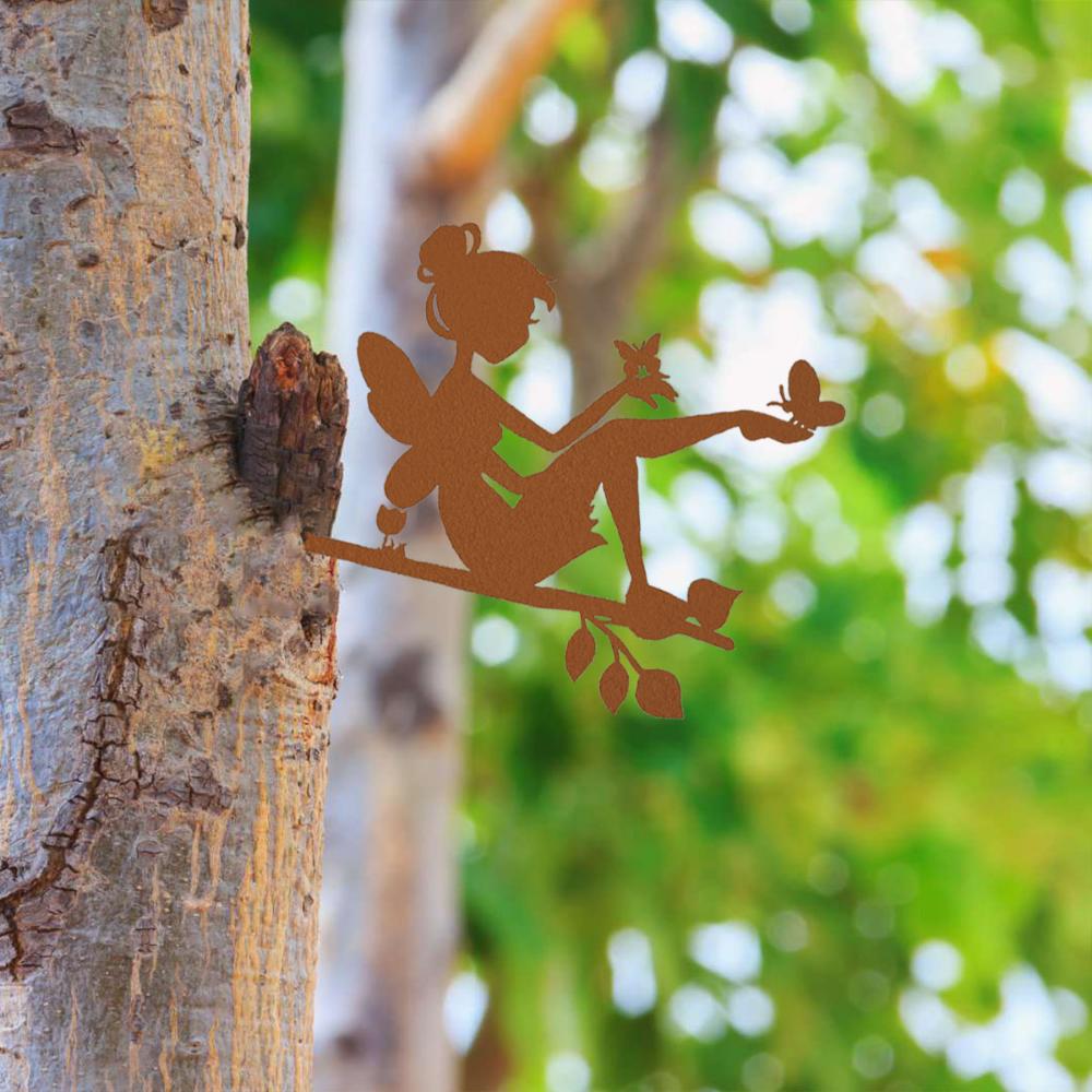 Cute Butterfly Fairy On Branch Steel Silhouette Metal Wall Art Home Garden Yard Patio Outdoor Statue Stake Decoration Perfect
