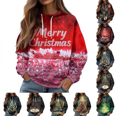 Damen Sweatshirt mit Weihnachtsmuster, langärmelig, lockerer Kordelzug, Kapuzenpullover
