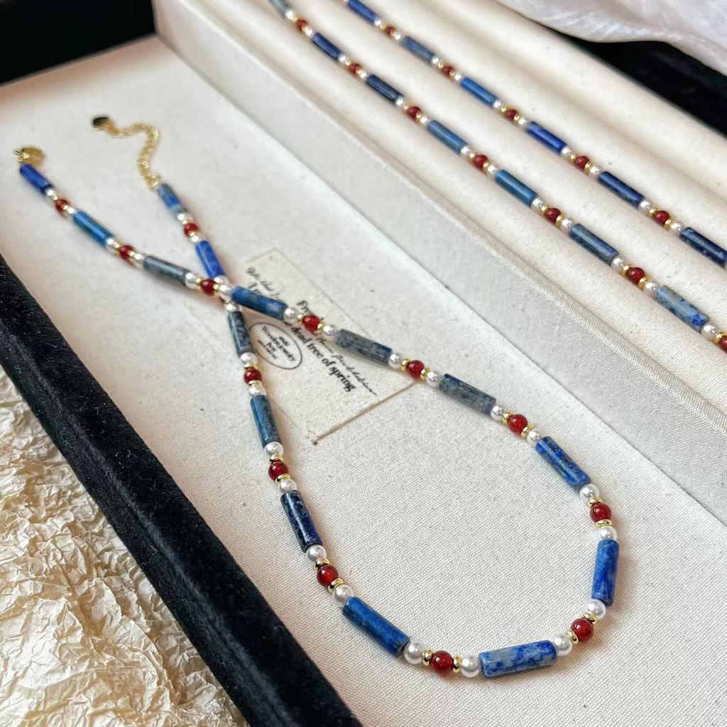 Niche High-end Versatile Lapis Lazuli Contrast Retro Baby's Breath Collarbone Chain Necklace Female Atmosphere Beaded Necklace