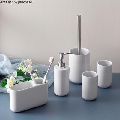 Weiße Keramik-Toilettenartikel, Lotionflasche, Mundbecher, Zahnbürstenhalter, Toilettenbürste, 5-teiliges Set, Badezimmer-Accessoires