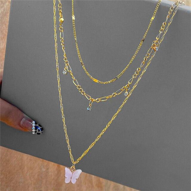 17KM Punk Gold Multilayered Necklace for Women Vintage Silver Color Geometric Round Pendant Necklaces Butterfly Choker Jewelry