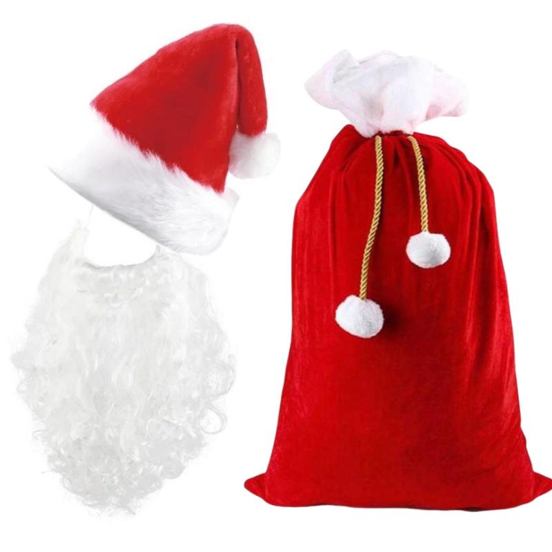 Christmas Dress-Up Props, 40cm Long Beard ,Velvet Hat, Velvet Storage Bag, Santa Claus Cosplay Costume, Party Props Decorations