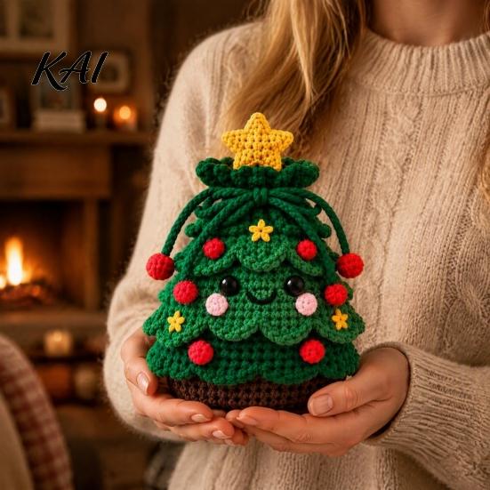Holiday Home Decor DIY Christmas Crochet Gift Bag Material Kit for Beginners, Handmade Knitted Decoration Bag, Creative Xmas Tree/Elf/Nutcracker