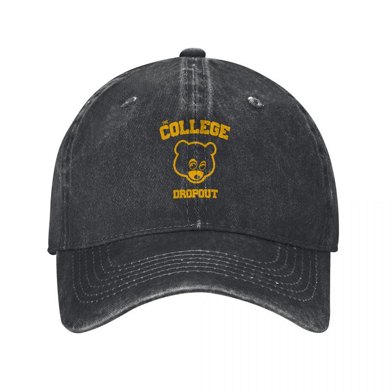 College Drop Out Bear Logo Washed Cotton Baseball Cap Classic Fit Unisex Adjustable Hat Black With Yellow Embroidery