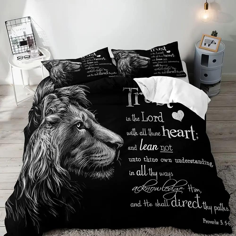 English Lion Duvet Set Three-Piece Set, African Wildlife Bedding Set With Pillowcase
