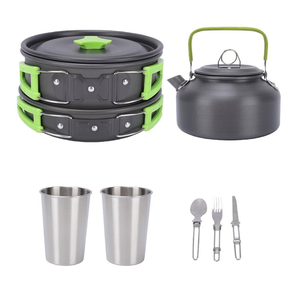 Camping Cookware Mess Kit Lightweight Anti Stick Camping Pot Pan Kettle Set with Utensils Stainless Steel Cups for