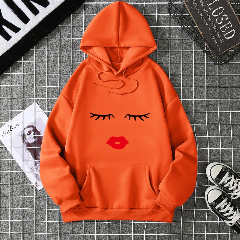 Pretty Cute Eye Lashes Red Lips Print Women Hoodie Summer Short Sleeve O Neck T-shirt Ladies White Hooded Sweatshirt