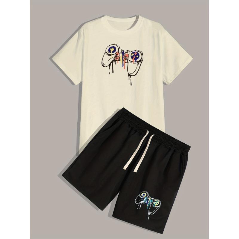 Printed men s 2-piece set, casual T-shirt and loose drawstring shorts for summer S