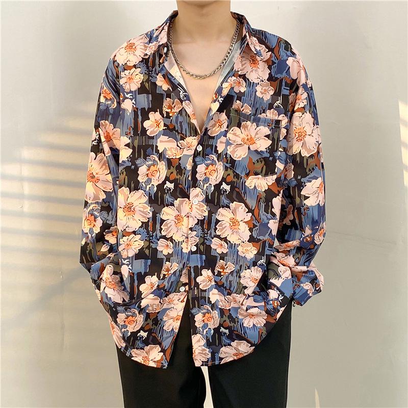 Unisex Thai Vintage Floral Long-Sleeve Shirt, Loose Fit for Street Dance, Spring/Autumn