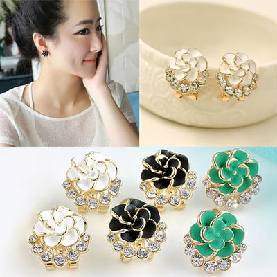 Women Peony Camellia Flower Rhinestones Alloy Ear Stud Earrings Party Jewelry ARI