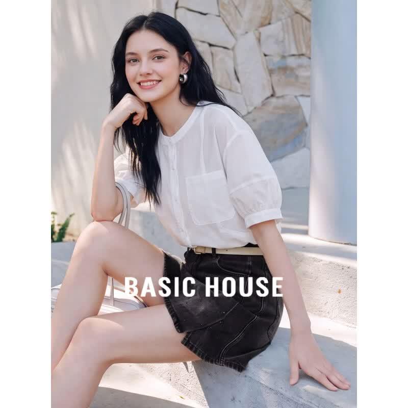 Basic House Women s Round Neck Lantern Sleeve Shirt M