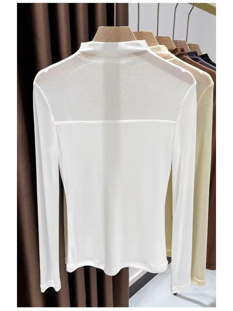 Women's Semi-High Neck Lace Mesh Top - Solid Color, Early Autumn 2025 Collection.