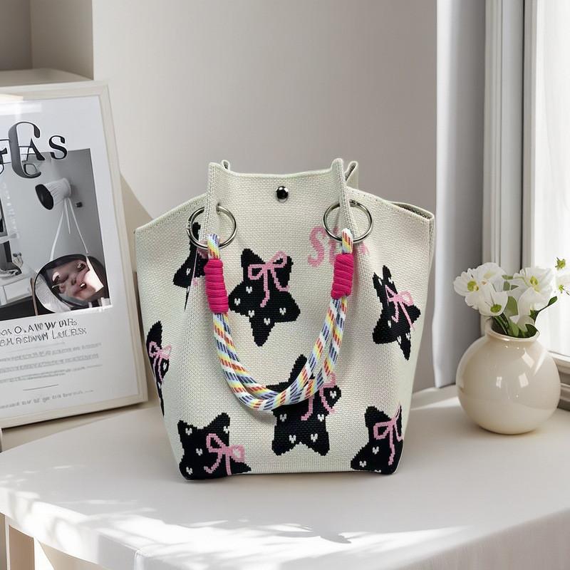 New Leopard Star Knitted Tote Bag for Women Large Capacity Bucket Bag Versatile Handbag for Commute Work and Daily Use