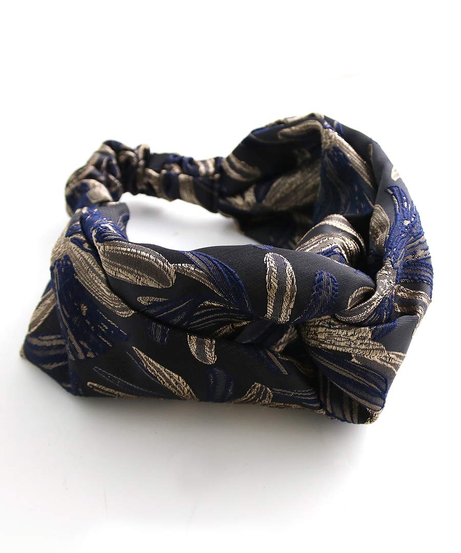 

VINGTAINE Floral Embroidered Cross Turban and Casual Hair Navy Hairband, Voluminous, Large, Mature, Accessory, HB-90-NY,