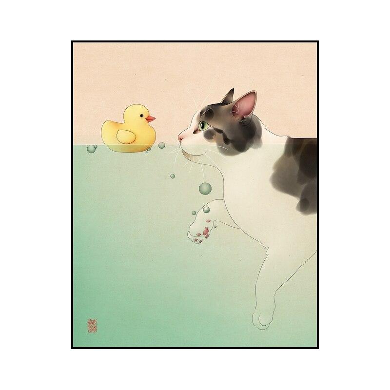 Arte de animais engraçados adoráveis, gato brincando com peixes na água, pôster, pinturas em tela, impressão, arte de parede, imagem para casa
