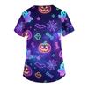 Women V Neck Halloween Print Short Sleeve Medical Scrub Top with Pocket Side Slit Design Comfortable Fit Workwear