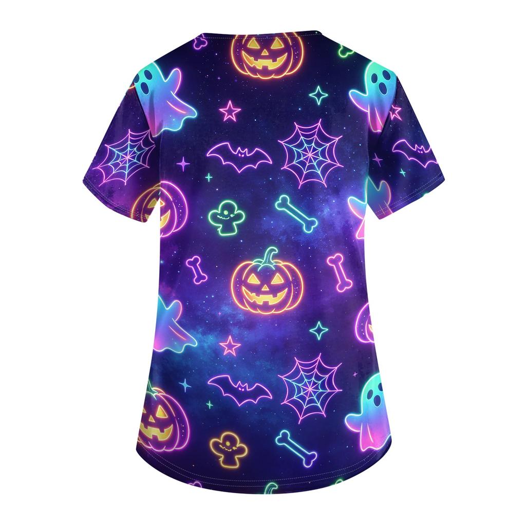 Women V Neck Halloween Print Short Sleeve Medical Scrub Top with Pocket Side Slit Design Comfortable Fit Workwear