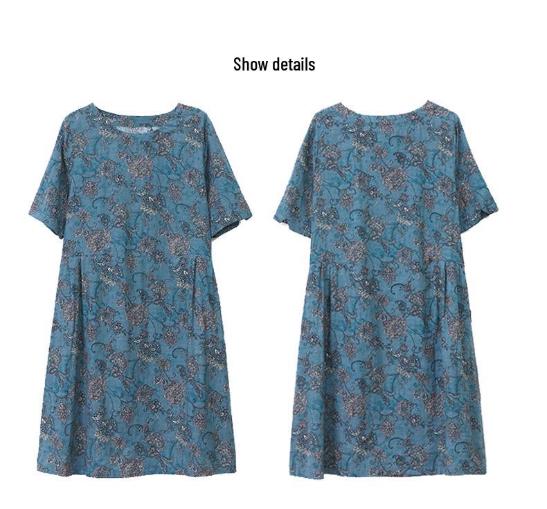 Floral Linen A-Line Dress for Women, 2024 Summer Collection – Elegant Slimming Style for Middle-Aged Mothers