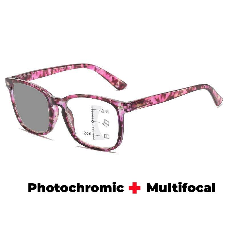 Photochromic Multifocal Reading Glasses for Women Anti Blue Light Far Sight Eyeglasses Ultra Light Spring Leg Presbyopia Glasses