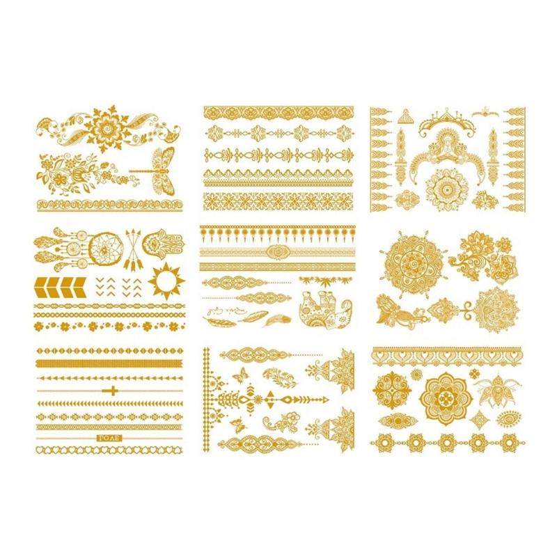 9 Blatt Premium Goldfolie Temporäre Tattoos für Partys und Events mit metallischen Designs und einfacher Anwendung
