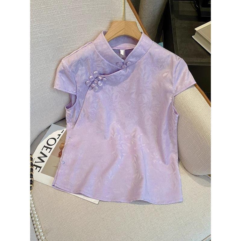 

2025 лето лето верхняя одежда короткий рукав рубашка топ ацетат фиолетовый улучшенный топ женщины M (under 50kg recommended) фиолетовый