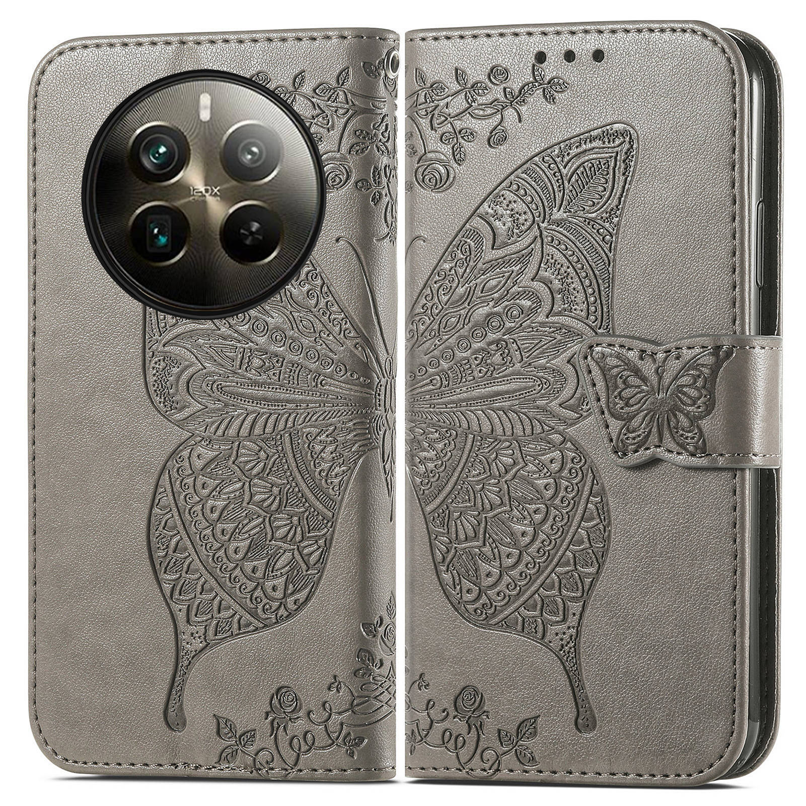 

For Realme 12 Pro 5G/12 Pro+ 5G Wallet Case Butterfly Pattern Leather Stand Phone Cover Grey