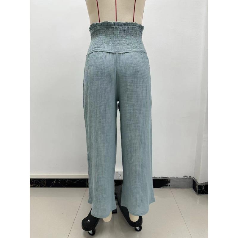 Summer Women's Pants Solid Colour High Waist Drawstring Trousers Casual Cotton Linen Pants Cropped Pants