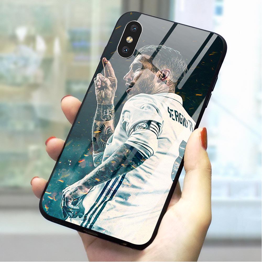 غطاء هاتف زجاجي سيرجيو راموس لهاتف سامسونج A5 آيفون هواوي هونر شاومي ريدمي نوت 5 برو