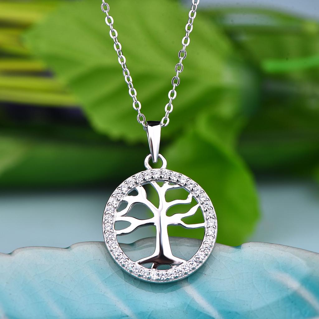 Tree of Life Necklace Silver Allergy Simple Zirconia Sterling Silver 925 Popular Large Zircon Birthday Gift [YL] Women's