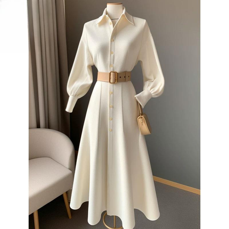 Waist Up Shirt Autumn French Style Slimming Dress Long Skirt Polo Collar Design