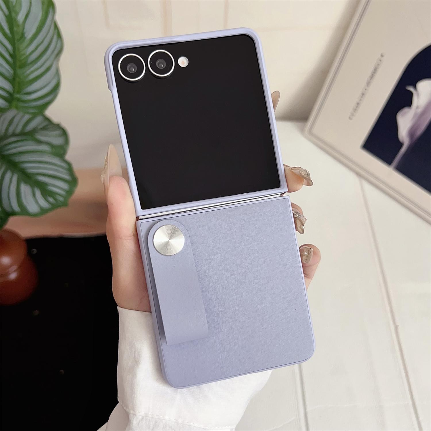 

For Samsung Galaxy Z Flip7 5G Case PU Leather+PC Phone Cover with Grip Strap Purple