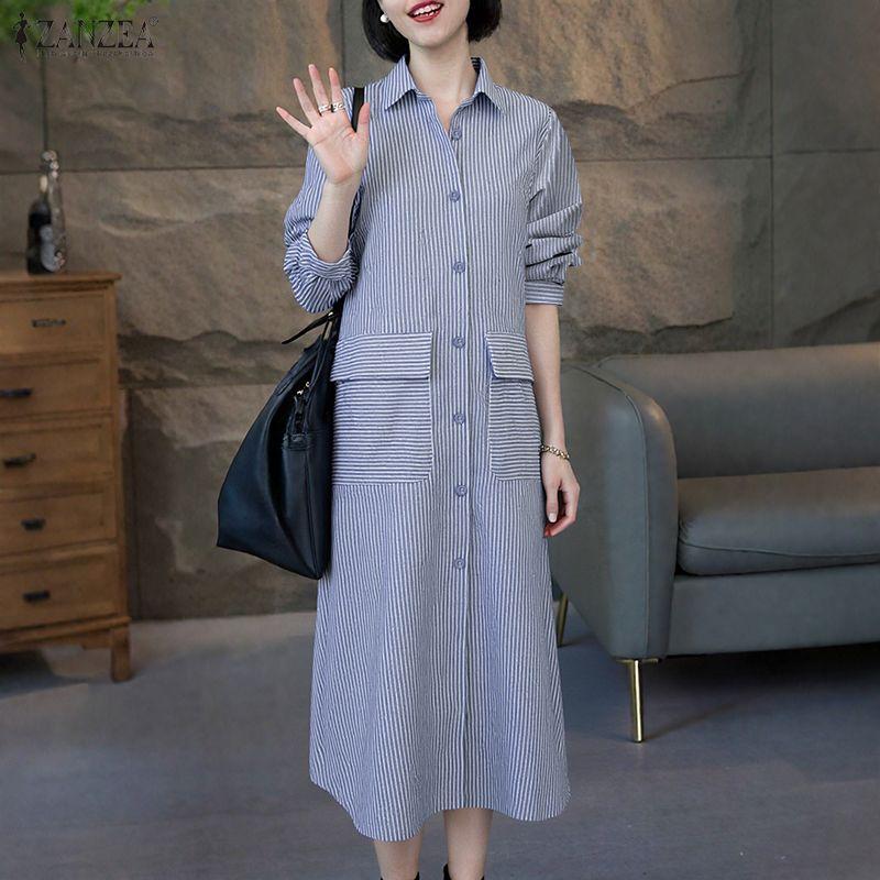 ZANZEA Women Casual Turn Down Collar Loose Long Sleeve Stripe Dress
