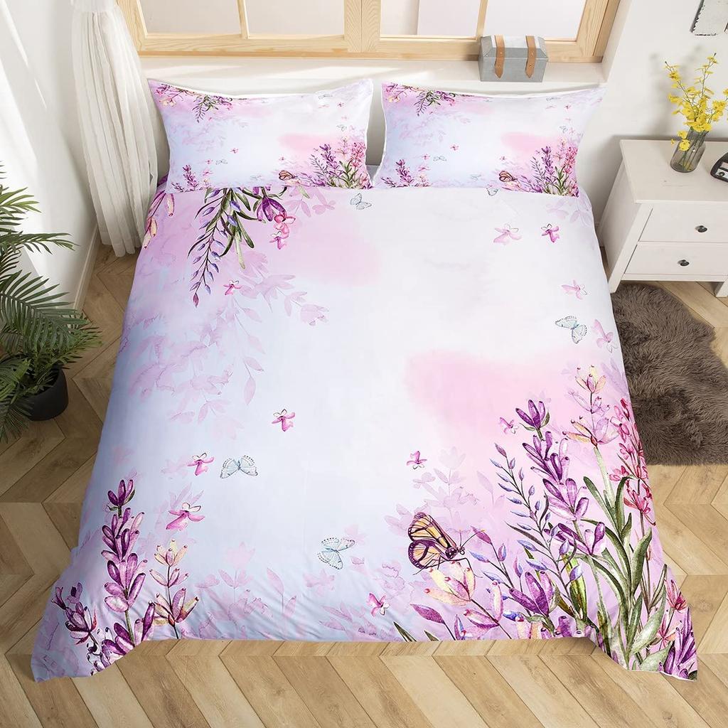Lovely Bird Duvet Cover Set King Size Spring Floral Butterfly Bedding Set Microfiber Watercolor Garden Flower Comforter Cover
