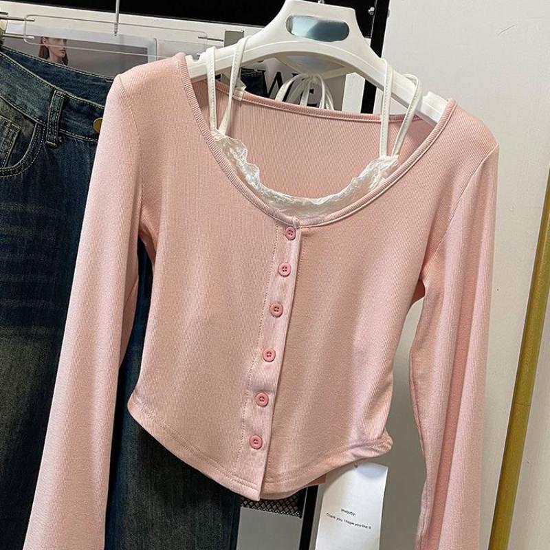 Rosa T-Shirts Damen Slim Süß College Mode Koreanisch Frühling Weich Freizeit Cropped Gespleißt Design 2026 Neuankunft Täglich Lässig