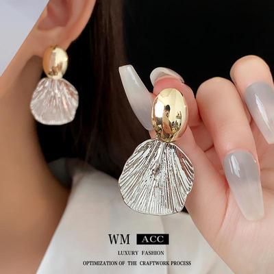 Elegant Gold-Plated Silver Shell Earrings - Wrinkle Design, Light Luxury & High-End Fashion
