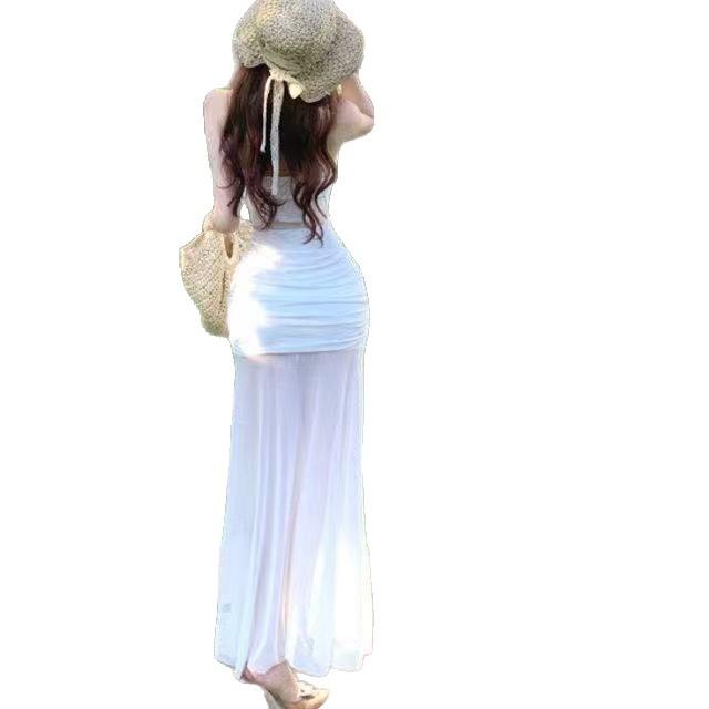 Pure Desire Style Sexy White Mesh Tube Top Dress Women's Waist Seaside Vacation Hip Wrap Long Skirt Slim Fit