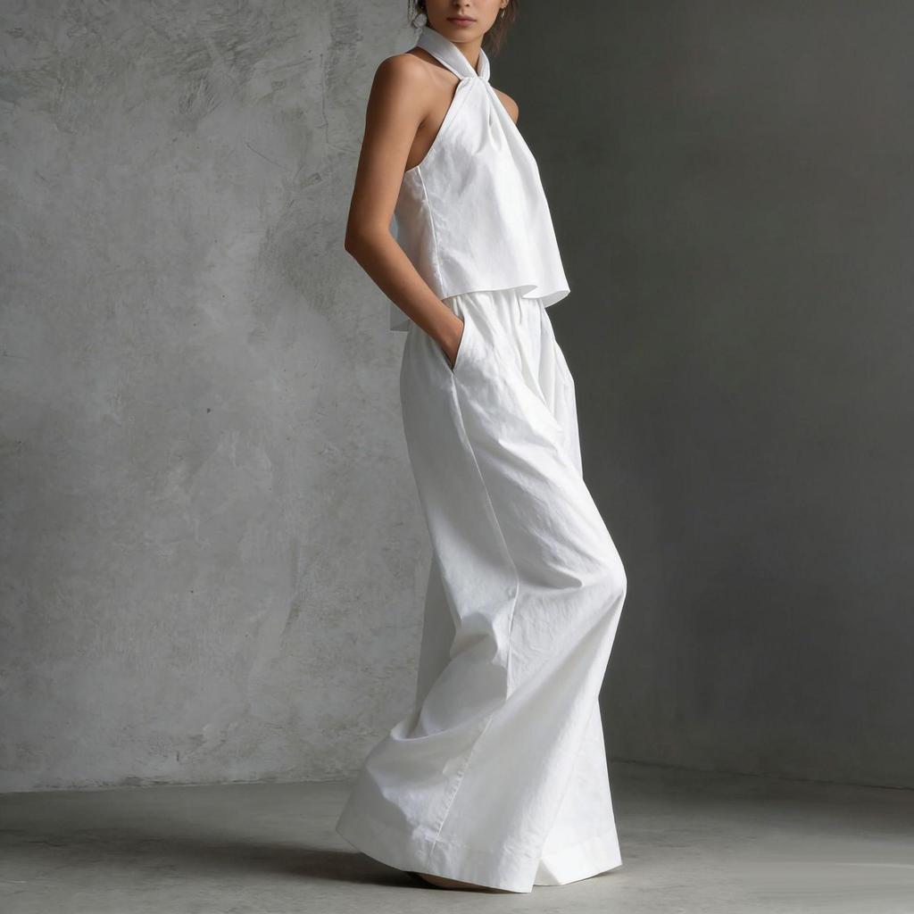 2026 Summer European & American Casual Sleeveless Top and High-Waisted Wide-Leg Pants Set for Women