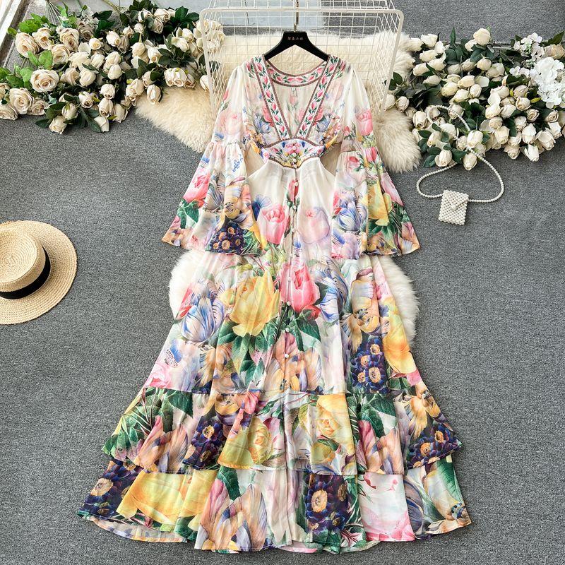 European Style Retro Elegant Silm Long Chiffon Dress