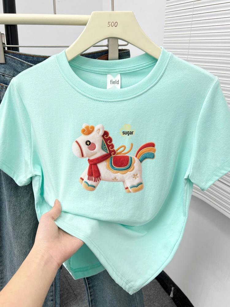 2026 Women's Plus Size T-shirt: Little Horse Print, Round Neck, Short Sleeve, Stylish, Tummy-Covering Design