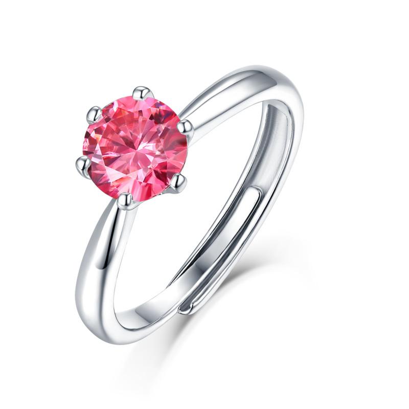 Bague Ringen S925 Silver Set 1ct Moissanite Luxury Round Bag Color Women's Six-prong Pink Adjustable Opening Ring