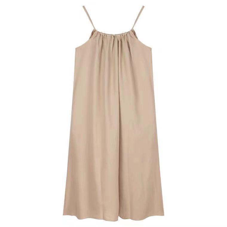 French Gentle Style Spaghetti Strap Tie-Up A-Line Long Dress with Pockets - Summer 2024 Collection