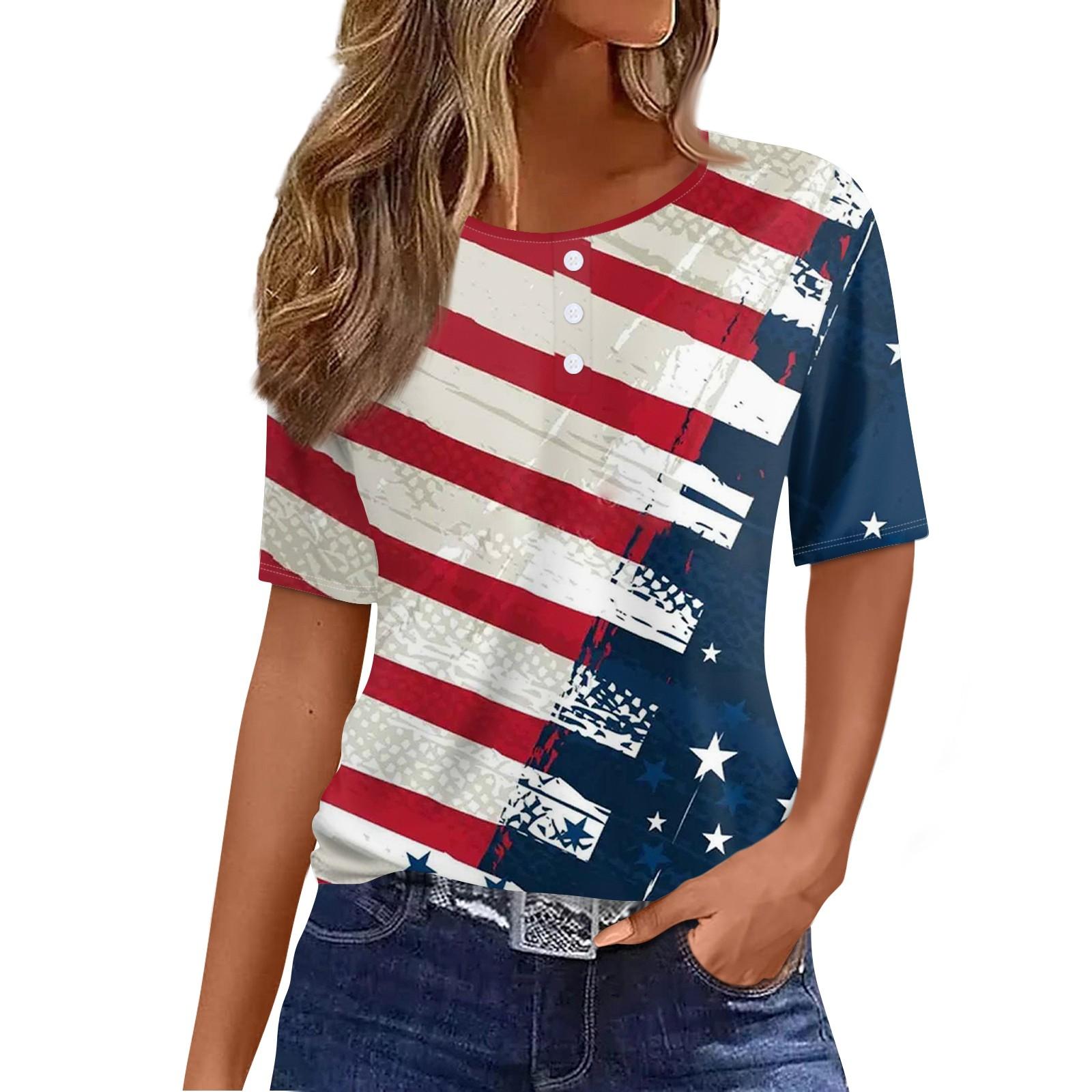 Женская футболка Футболка с принтом «День независимости» и пуговицами С коротким рукавом — фото 3