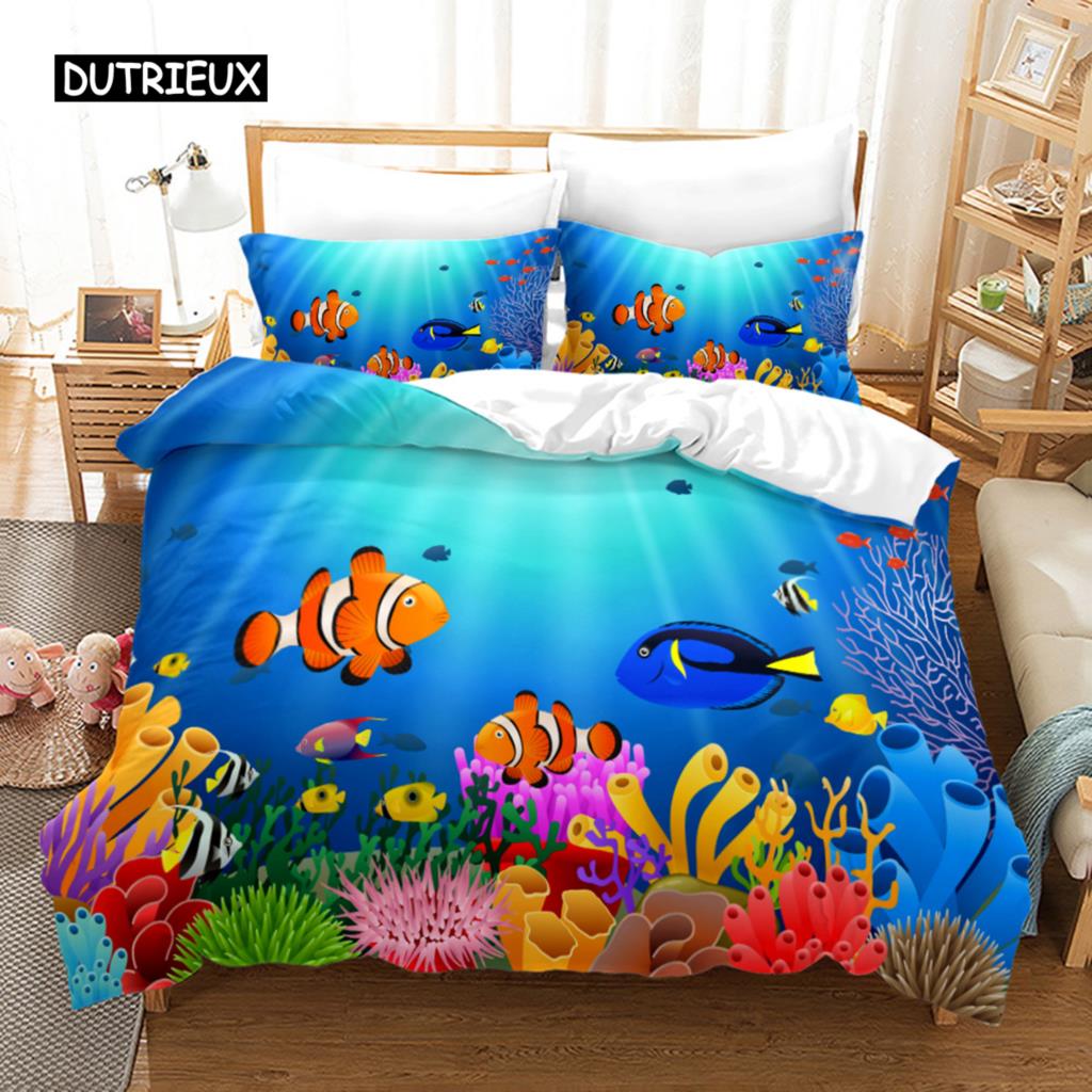 Ocean Duvet Cover Set Polyester Underwater World Clownfish Shark Quilt Cover Sea Animal Theme Double Queen King Size Bedding Set
