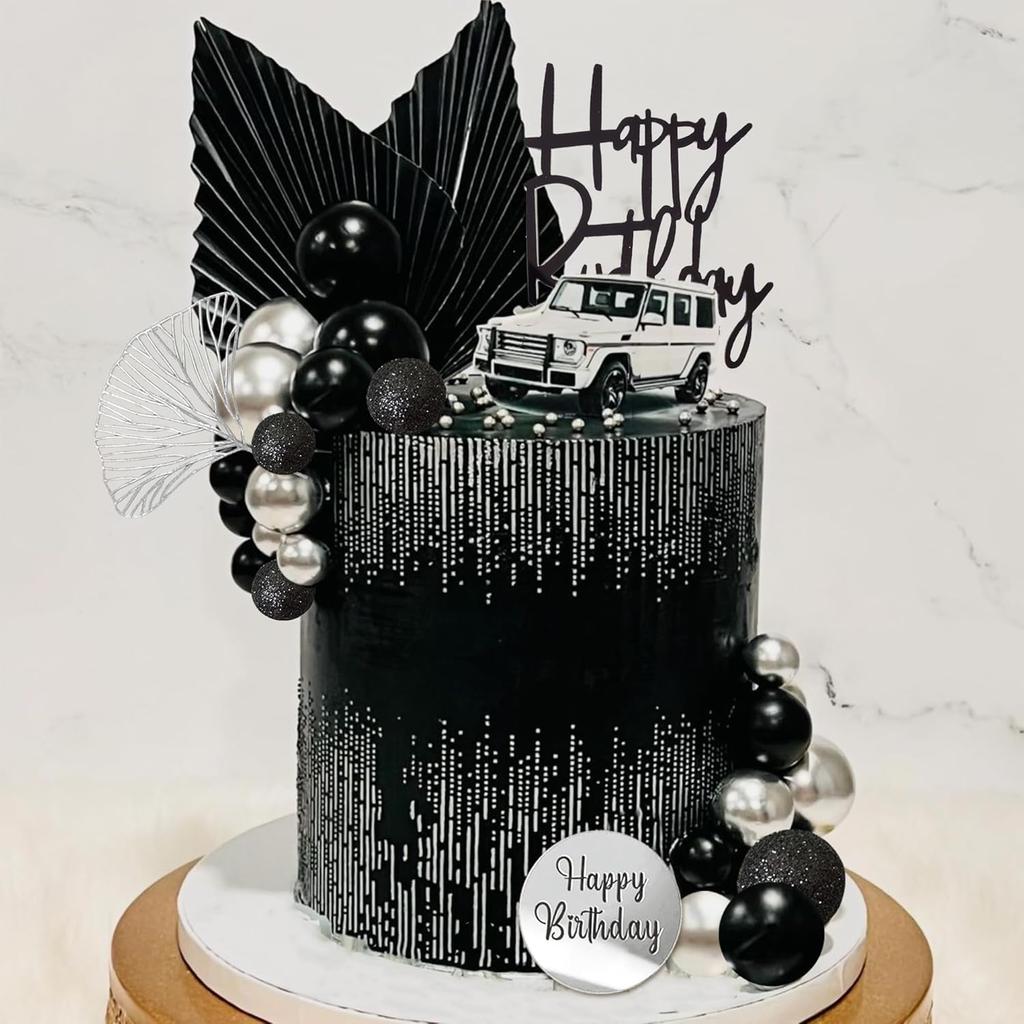 Silver Black Balls Cake Toppers Happy Birthday Cake Decoration for Wedding Baby Shower Birthday Party Decorations (Silver Black)