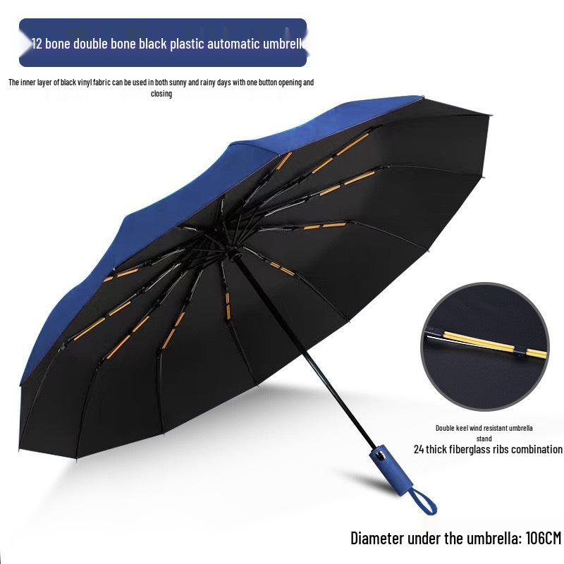 Popular 60-Rib Extra-Large Fully Automatic Black Dual-Use Umbrella for Students & Adults - Custom Logo Option Available